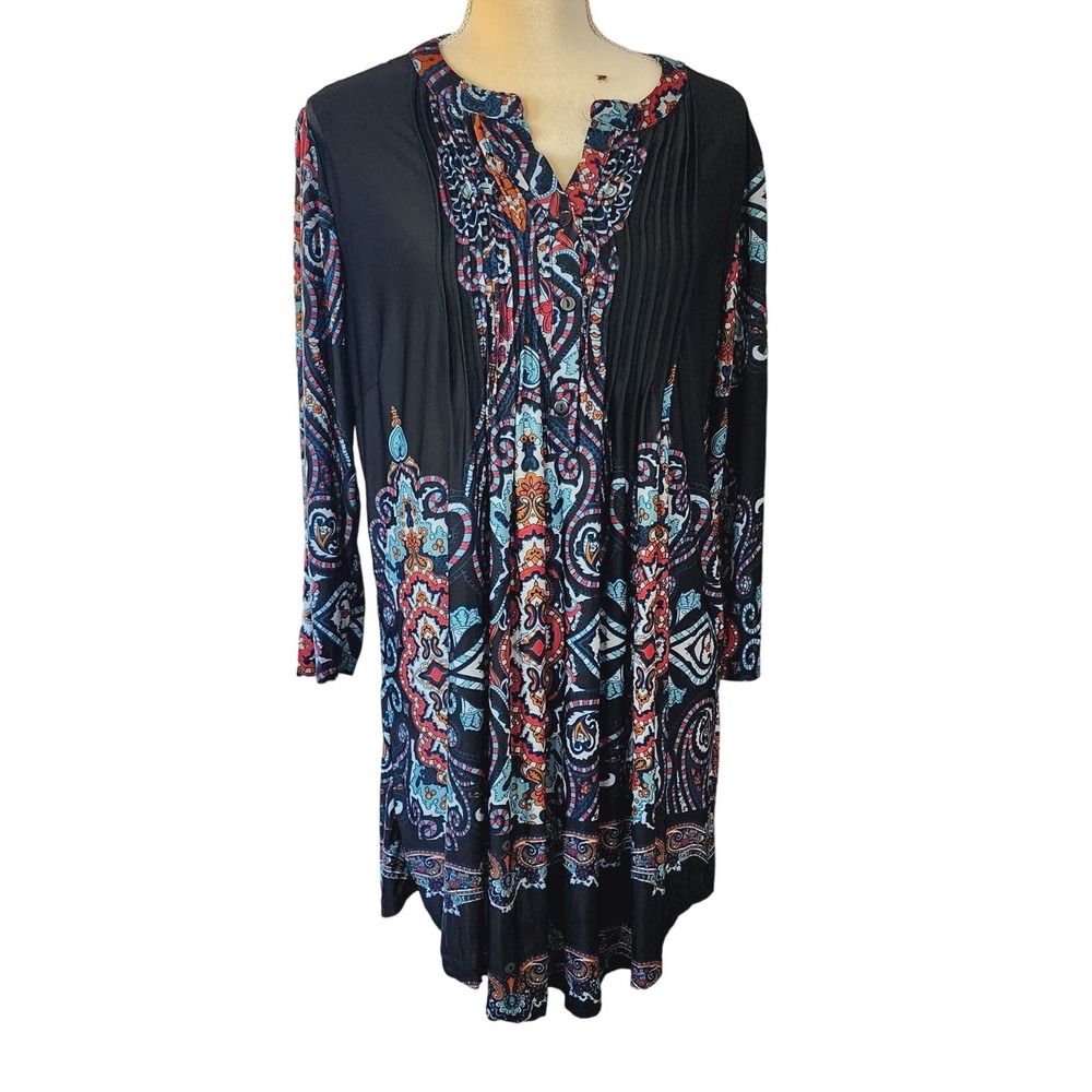 Reborn Multicolored Boho Peasant Pleated Tunic Flowy Dress Size XL